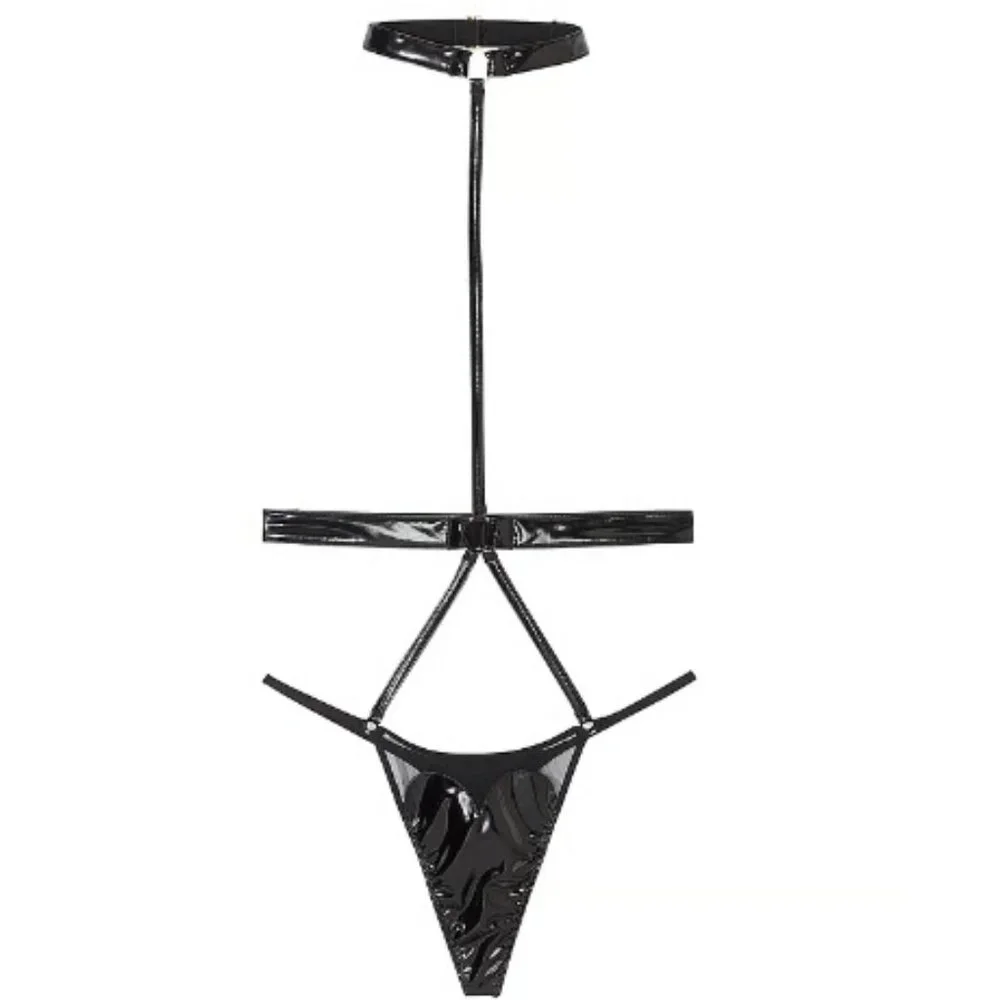 Victoria's Secret Lingerie New Choker Thong XL Faux Black Leather VS One Piece